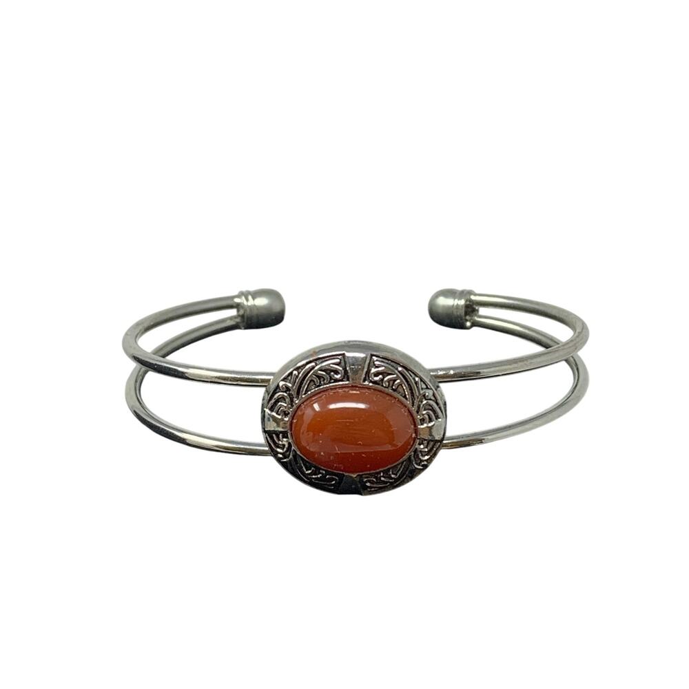 Unbranded Silver Tone Cuff Bracelet Engraved Orange Stone Adjustable Size